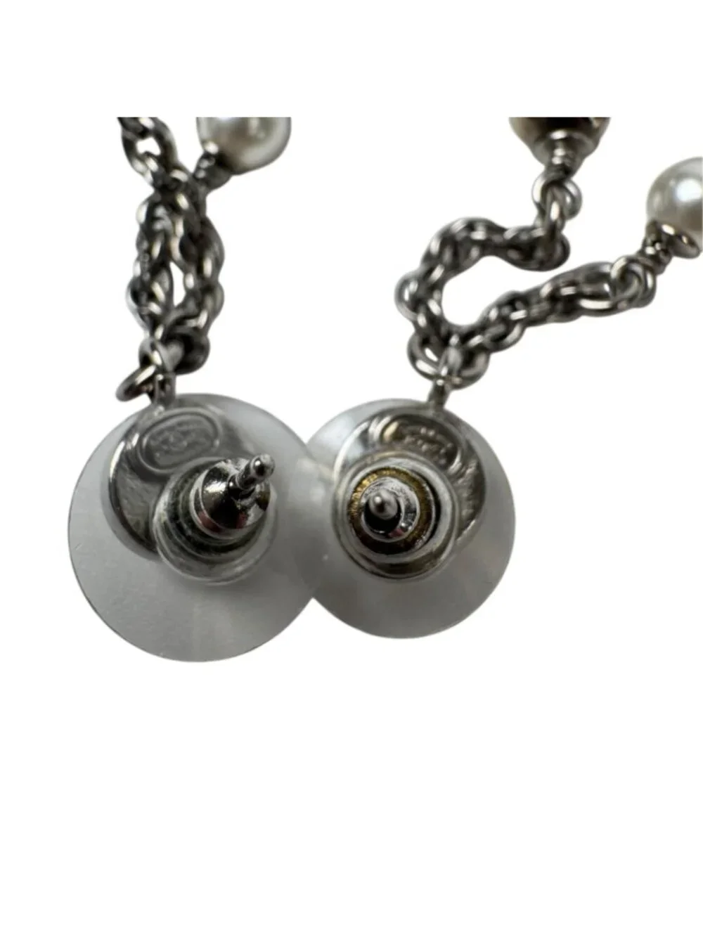 Chanel CC Logo Long Drop Earrings Light Stone Pearl
